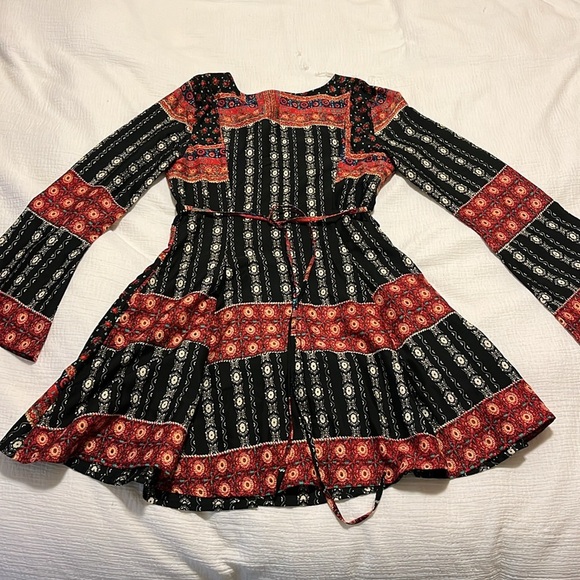 American Rag Boho Mini Dress Patchwork Bell Sleeve Scarf Tunic Flare Bandana XS - Picture 8 of 9